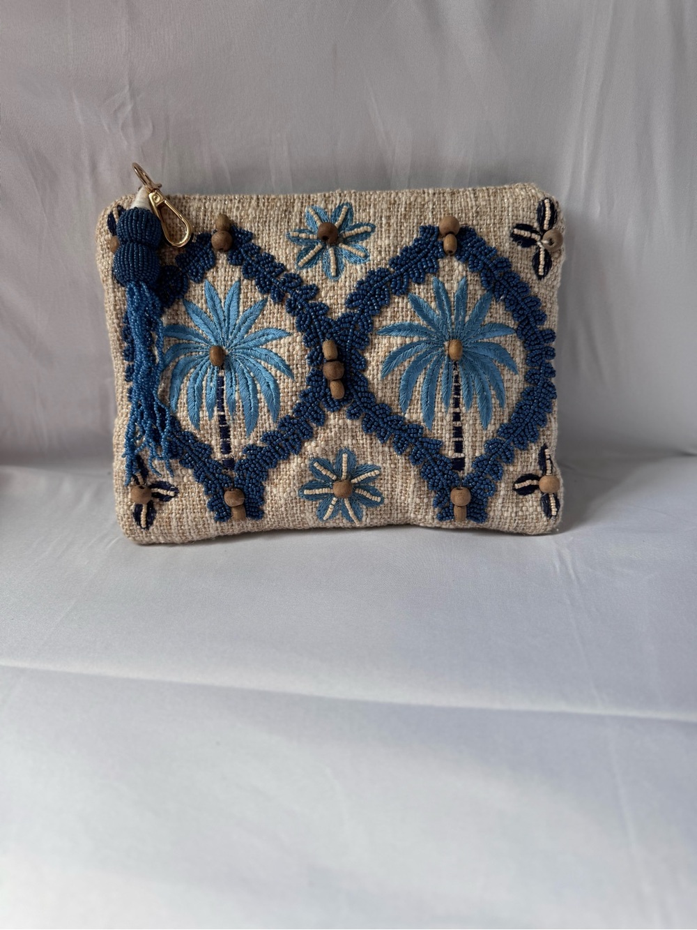 Beaded Palm Tree Embroidered Wristlet Clutch - Blue on Natural